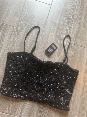 Express Black Sequin Cropped Cami Top small